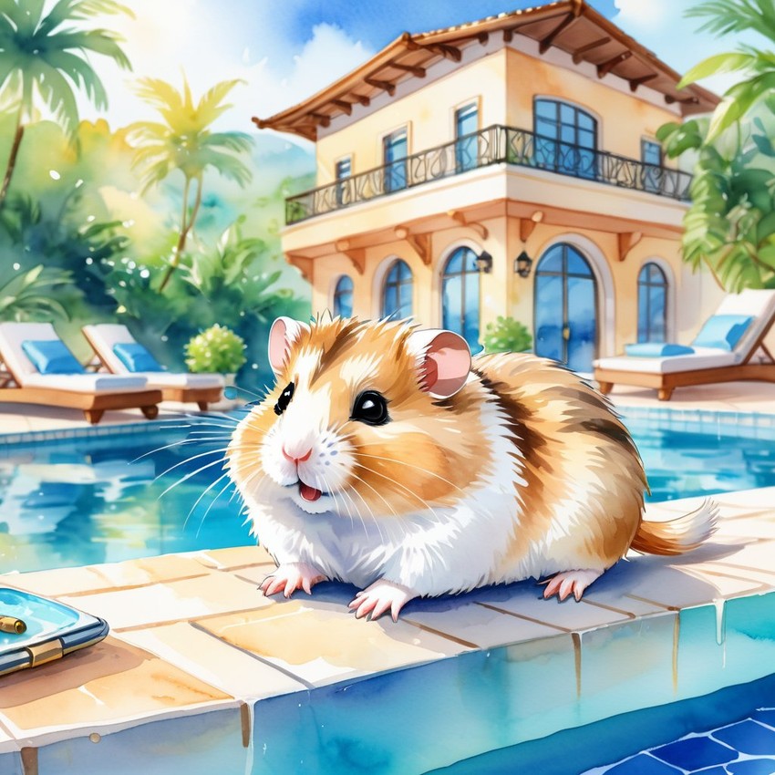 watercolor illustration of roborovski dwarf hamster suntanning next to a luxurious villa pool, capturing a posh and vibrant scene.