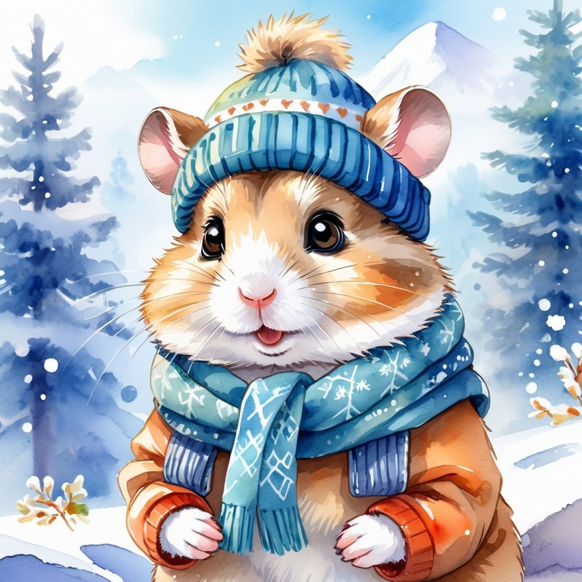 watercolor painting of roborovski dwarf hamster in a beautiful winter scene, wearing stylish winter clothing, looking cute and happy.