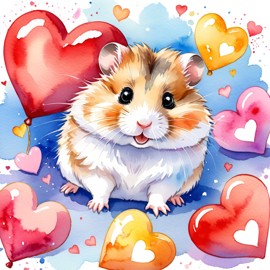 watercolor painting of roborovski dwarf hamster with hearts, capturing a lovely, cute, and happy expression in vibrant, detailed style.