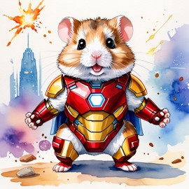 watercolor painting of roborovski dwarf hamster as iron man, featuring a vibrant and detailed iron man costume in an artistic style.