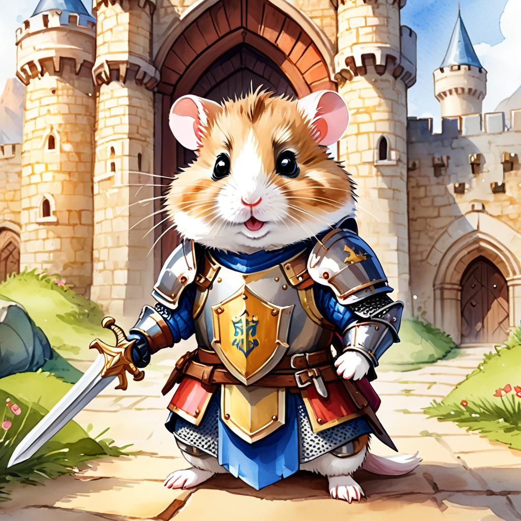 watercolor painting of roborovski dwarf hamster as a medieval knight in a vibrant, detailed castle scene.