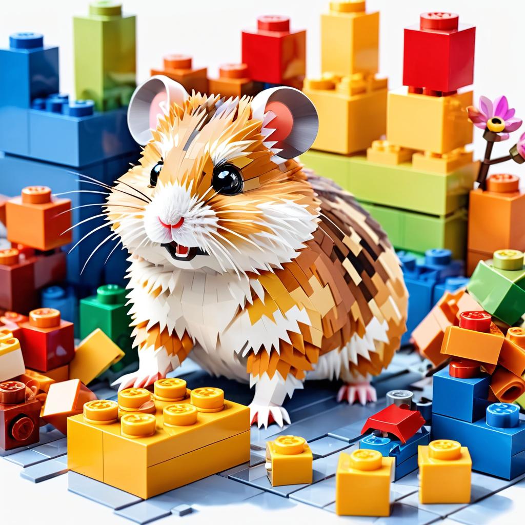 watercolor painting of roborovski dwarf hamster as lego bricks, vibrant and detailed in a playful lego environment.