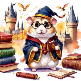 watercolor painting of roborovski dwarf hamster as harry potter, complete with glasses and hogwarts backdrop, highlighting a vibrant and magical scene.