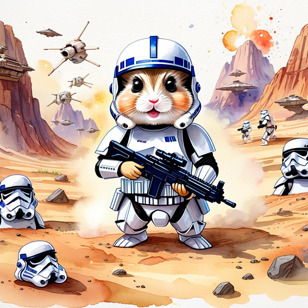 watercolor painting of roborovski dwarf hamster as stormtrooper from star wars, dressed as a stormtrooper in a vibrant star wars scene.