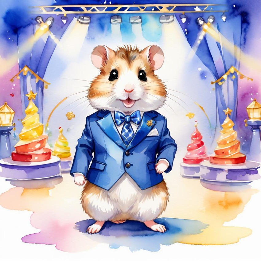 watercolor painting of roborovski dwarf hamster in a classy suit on a fashion stage, capturing elegance and charm in a vibrant, highly detailed illustration.