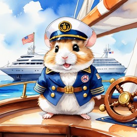 watercolor painting of roborovski dwarf hamster as a captain on a luxury yacht, wearing captain uniform, vibrant and detailed.