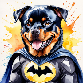 watercolor painting of rottweiler as batman, wearing batman suit and mask, vibrant and detailed.