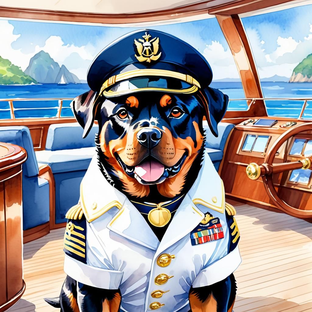 watercolor painting of rottweiler as a captain on a luxury yacht, wearing captain uniform, vibrant and detailed.