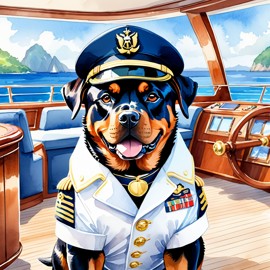 watercolor painting of rottweiler as a captain on a luxury yacht, wearing captain uniform, vibrant and detailed.