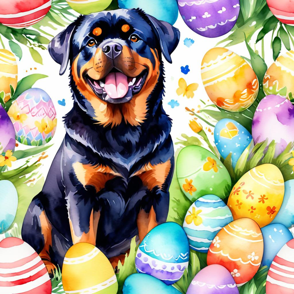 watercolor painting of rottweiler in a vibrant easter scene with colorful eggs, highly detailed and joyful.