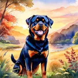 watercolor painting of rottweiler in golden hour light, showcasing vibrant colors and a happy nature scene in a highly detailed illustration.