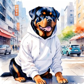 watercolor painting of rottweiler in a white hoodie, featuring a vibrant and detailed urban scene with a happy and cute look.