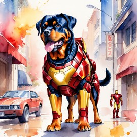 watercolor painting of rottweiler as iron man, featuring a vibrant and detailed iron man costume in an artistic style.