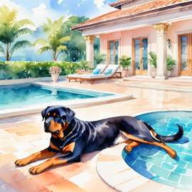 watercolor illustration of rottweiler suntanning next to a luxurious villa pool, capturing a posh and vibrant scene.