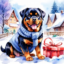 watercolor painting of rottweiler in a beautiful winter scene, wearing stylish winter clothing, looking cute and happy.