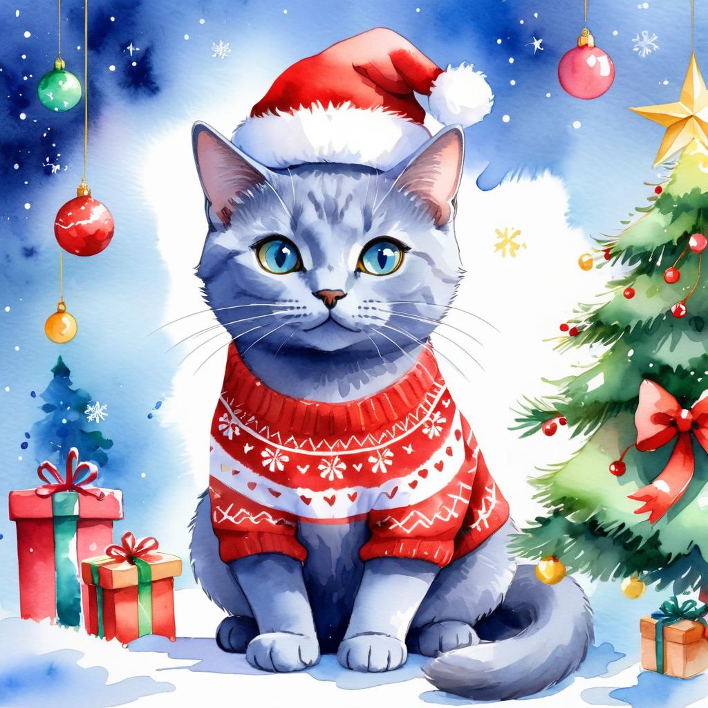 watercolor painting of russian blue cat in a christmas sweater and santa hat, festive and vibrant.