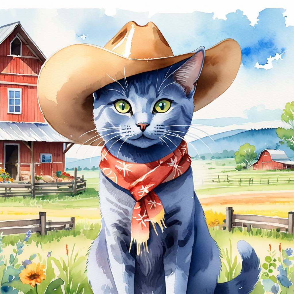 watercolor painting of russian blue cat as a cowboy wearing a hat, in the midwest countryside, on a farm.