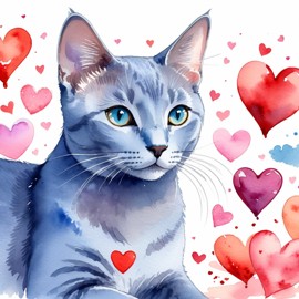 watercolor painting of russian blue cat with hearts, capturing a lovely, cute, and happy expression in vibrant, detailed style.