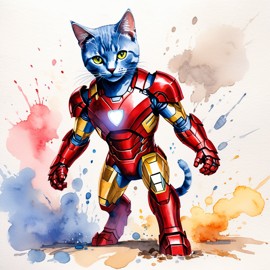 watercolor painting of russian blue cat as iron man, featuring a vibrant and detailed iron man costume in an artistic style.