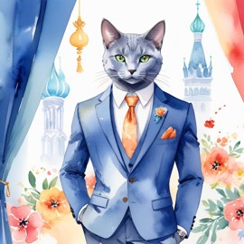 watercolor painting of russian blue cat in a classy suit on a fashion stage, capturing elegance and charm in a vibrant, highly detailed illustration.
