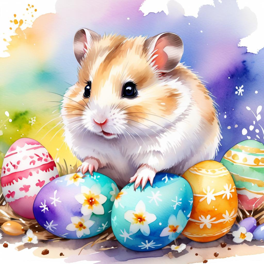 watercolor painting of winter white russian dwarf hamster in a vibrant easter scene with colorful eggs, highly detailed and joyful.