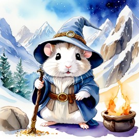 watercolor painting of winter white russian dwarf hamster as gandalf, featuring a white beard and a vibrant fantasy setting.