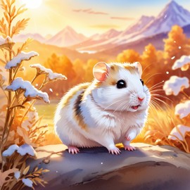 watercolor painting of winter white russian dwarf hamster in golden hour light, showcasing vibrant colors and a happy nature scene in a highly detailed illustration.