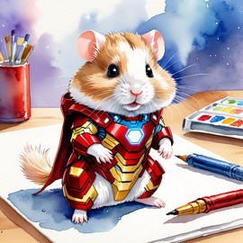 watercolor painting of winter white russian dwarf hamster as iron man, featuring a vibrant and detailed iron man costume in an artistic style.