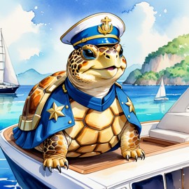 watercolor painting of russian tortoise turtle/tortoise as a captain on a luxury yacht, wearing captain uniform, vibrant and detailed.