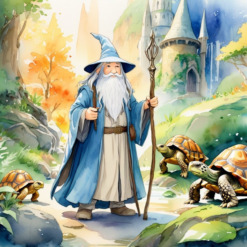 watercolor painting of russian tortoise turtle/tortoise as gandalf, featuring a white beard and a vibrant fantasy setting.