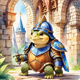 watercolor painting of russian tortoise turtle/tortoise as a medieval knight in a vibrant, detailed castle scene.