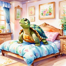 watercolor illustration of russian tortoise turtle/tortoise in cute pyjamas, relaxing in a posh bedroom, capturing a vibrant and happy scene.