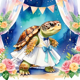 watercolor painting of russian tortoise turtle/tortoise at a wedding in a beautiful wedding suit, looking cute and happy in a vibrant, detailed style.