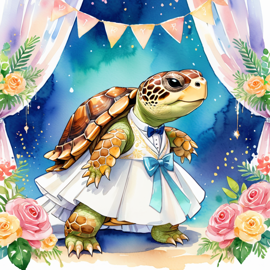 watercolor painting of russian tortoise turtle/tortoise at a wedding in a beautiful wedding suit, looking cute and happy in a vibrant, detailed style.