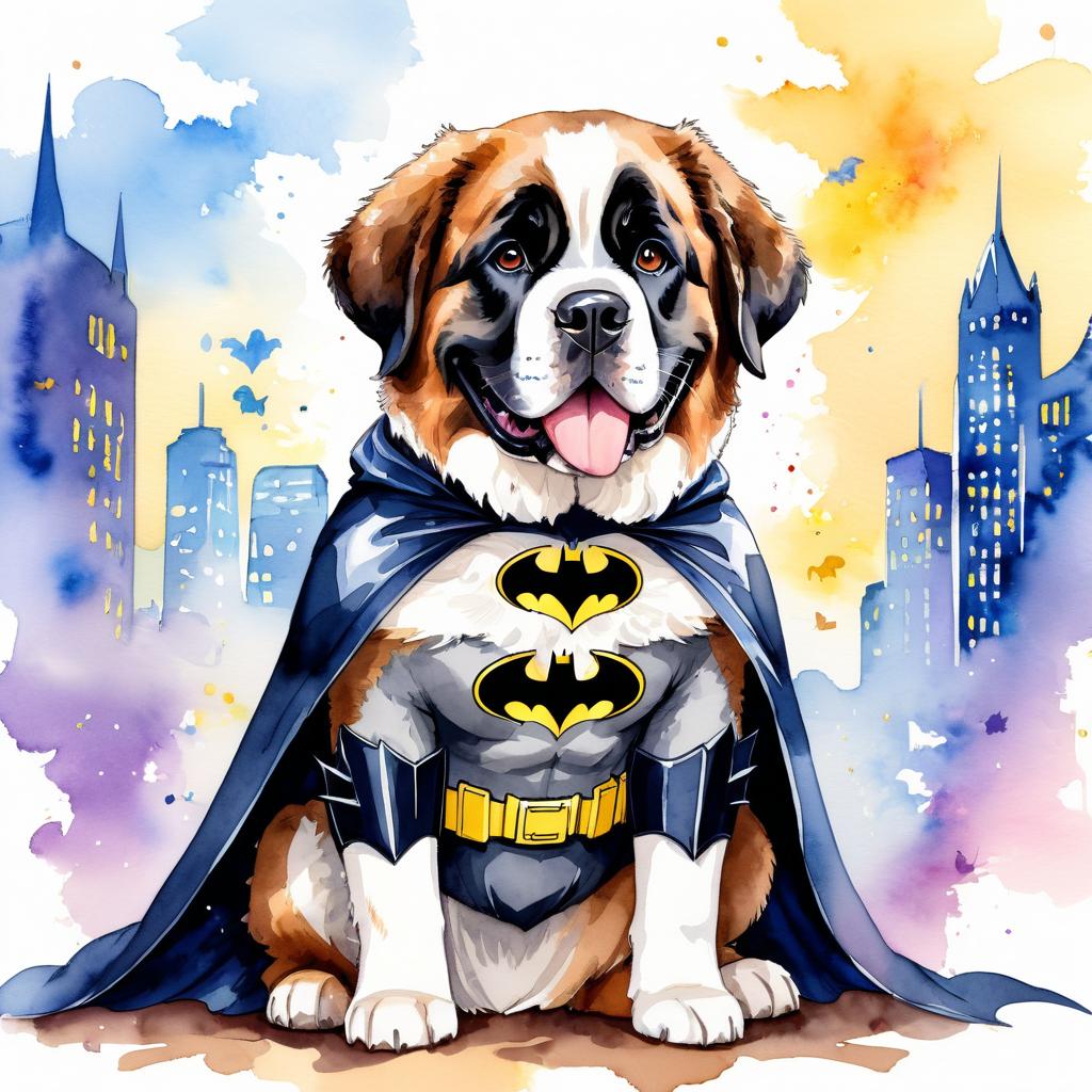 watercolor painting of saint bernard as batman, wearing batman suit and mask, vibrant and detailed.