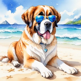 watercolor painting of saint bernard on a beach with white sand and blue sea, wearing sunglasses.