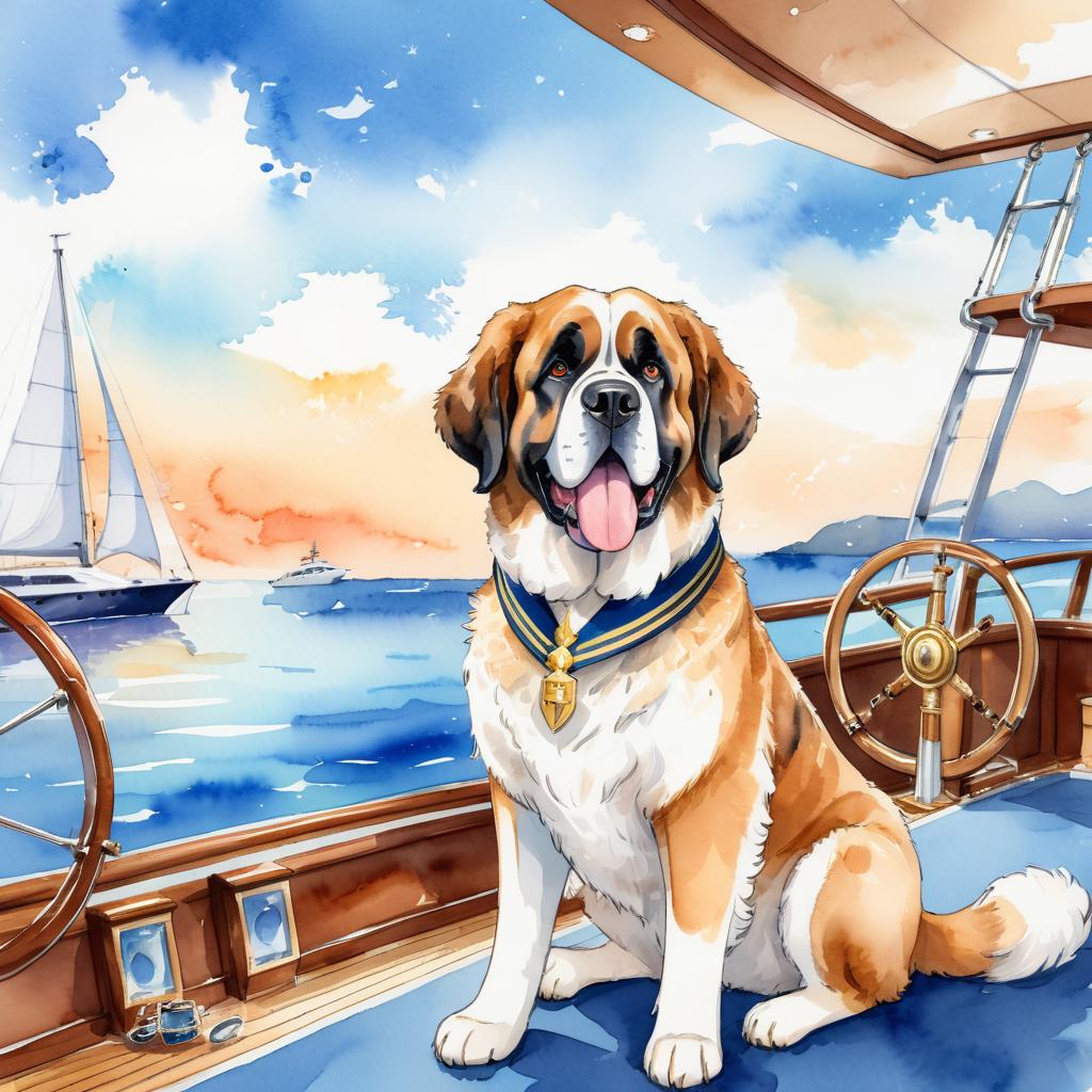 watercolor painting of saint bernard as a captain on a luxury yacht, wearing captain uniform, vibrant and detailed.