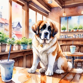 watercolor painting of saint bernard sitting in a cozy coffee shop, vibrant and detailed.