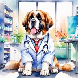 watercolor painting of saint bernard as a doctor in a hospital, vibrant and highly detailed, in a studio anime style.