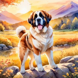 watercolor painting of saint bernard in golden hour light, showcasing vibrant colors and a happy nature scene in a highly detailed illustration.