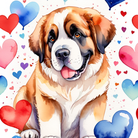 watercolor painting of saint bernard with hearts, capturing a lovely, cute, and happy expression in vibrant, detailed style.