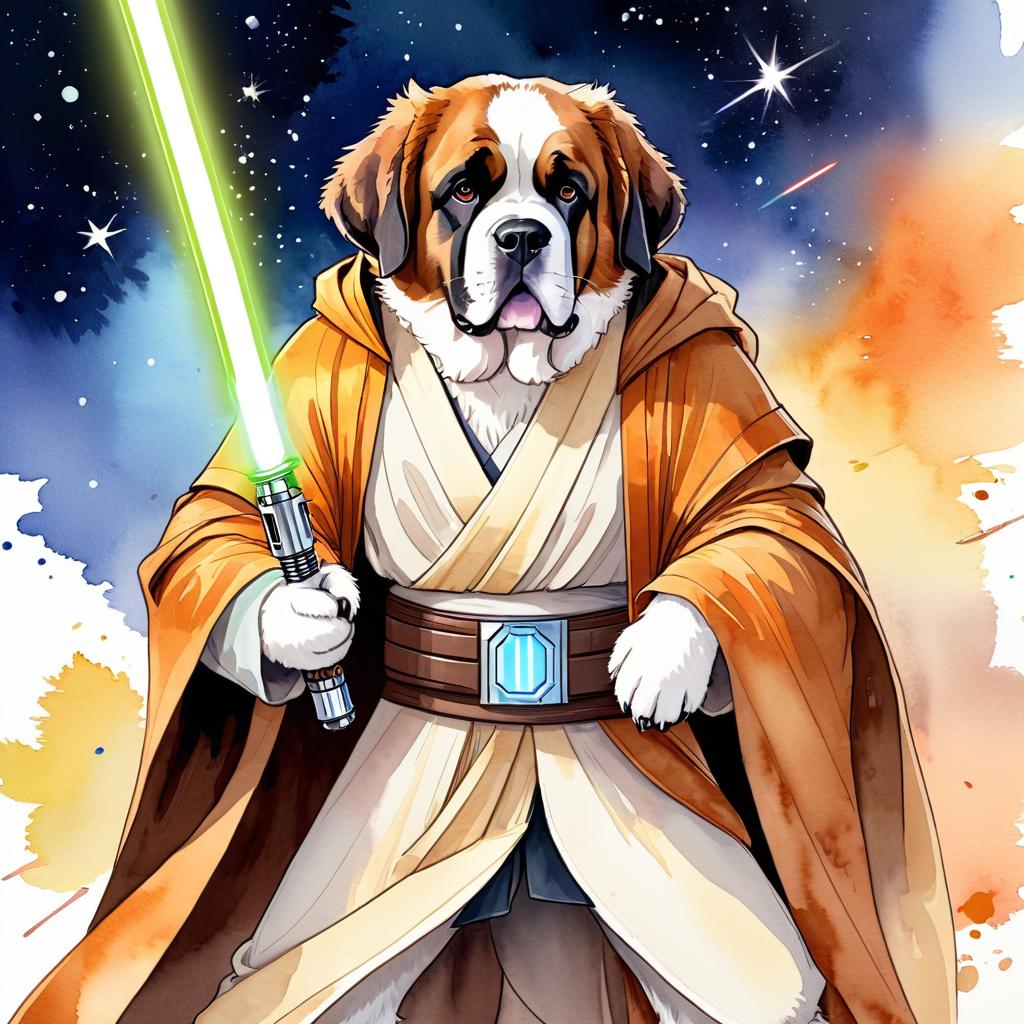 watercolor painting of saint bernard as a jedi knight, holding a lightsaber with a star wars backdrop in a vibrant, detailed style.