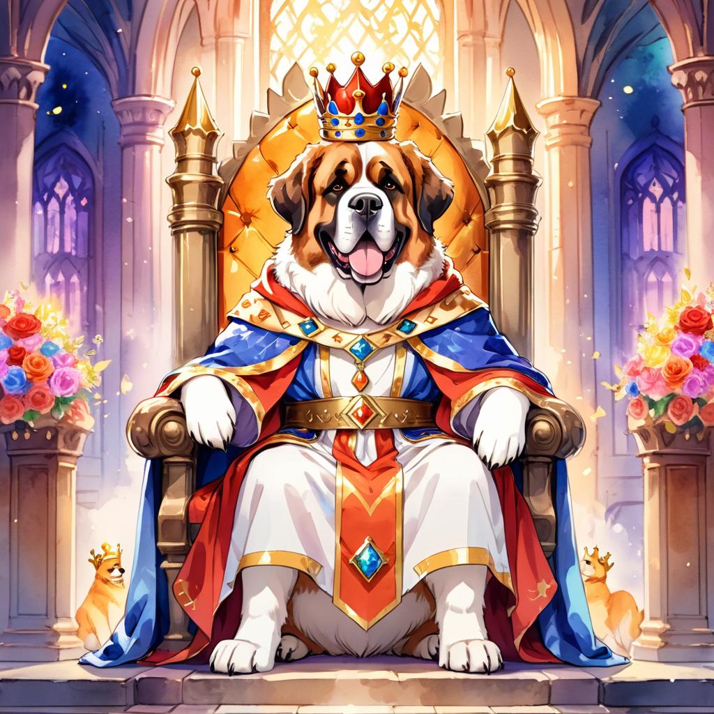 watercolor painting of saint bernard as a king in a magical castle, wearing a crown and robe, seated on a throne.