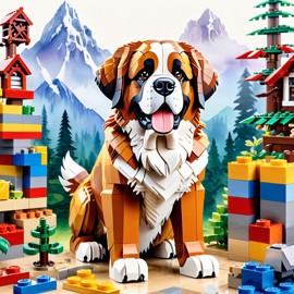 watercolor painting of saint bernard as lego bricks, vibrant and detailed in a playful lego environment.