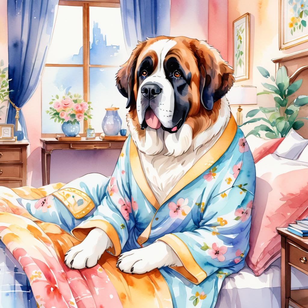 watercolor illustration of saint bernard in cute pyjamas, relaxing in a posh bedroom, capturing a vibrant and happy scene.