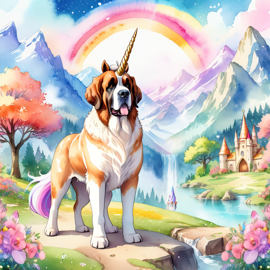 watercolor painting of saint bernard as a unicorn in a vibrant fairytale setting, capturing a cute and happy scene with detailed illustration.