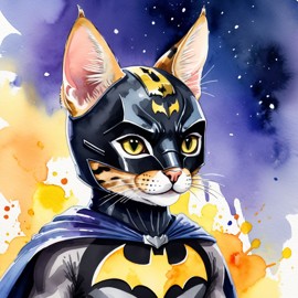 watercolor painting of savannah cat as batman, wearing batman suit and mask, vibrant and detailed.