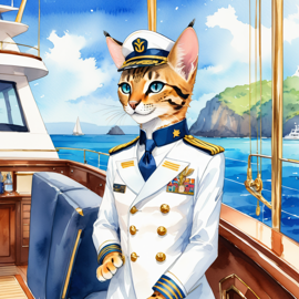 watercolor painting of savannah cat as a captain on a luxury yacht, wearing captain uniform, vibrant and detailed.