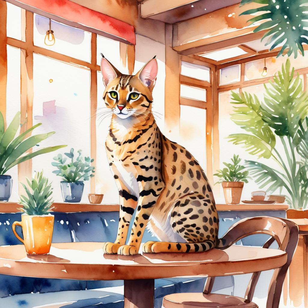 watercolor painting of savannah cat sitting in a cozy coffee shop, vibrant and detailed.