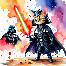 watercolor painting of savannah cat as darth vader from star wars, dressed as darth vader in a vibrant star wars scene.